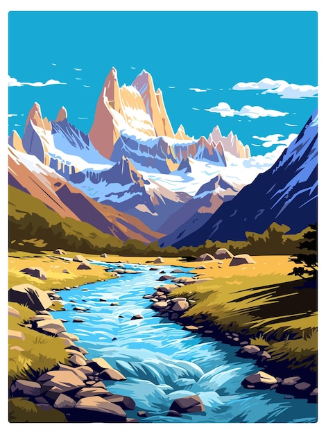 Vecteur monte fitz roy affiche de voyage vintage souvenir carte postale peinture de portrait illustration wpa