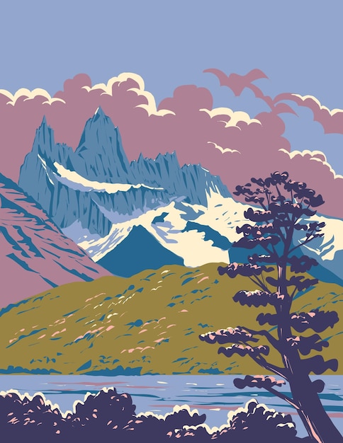 Vecteur monte fitz roy avec le lac viedma en patagonie argentine affiche art déco wpa