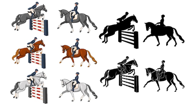 Vecteur monter à cheval. dressage et saut d'obstacles. ensemble. une femme à cheval effectue un élément de dressage et saute par-dessus un obstacle. illustration vectorielle pour livres, création de logo, cartes postales.