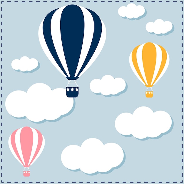 Vecteur montgolfière flottant dans le ciel parmi les nuages. échantillon abstrait pour carte de conception, invitation, t-shirt, affiche enfantine, bannière, panneau d'affichage, publicité de vente en magasin, affiche d'atelier d'art, etc.