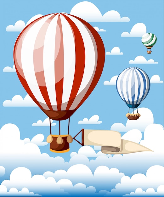 Montgolfières. Ballon Rouge Avec Ruban Sur Le Ciel Bleu. Illustration Avec Des Nuages Sur Fond. Page Du Site Web Et Application Mobile