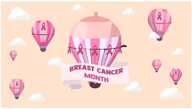 Montgolfières avec des rubans et une bannière avec le texte Illustration du mois du cancer du sein