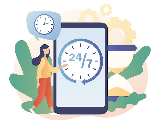 Montre 24 heures avec flèche sur l'écran du smartphone. Autour de l'horloge. Service d'assistance 24 heures sur 24, 7 jours sur 7, ouvert, temps, travail