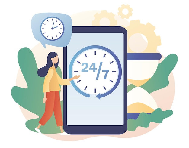Montre 24 Heures Avec Flèche Sur L'écran Du Smartphone. Autour De L'horloge. Service D'assistance 24 Heures Sur 24, 7 Jours Sur 7, Ouvert, Temps, Travail