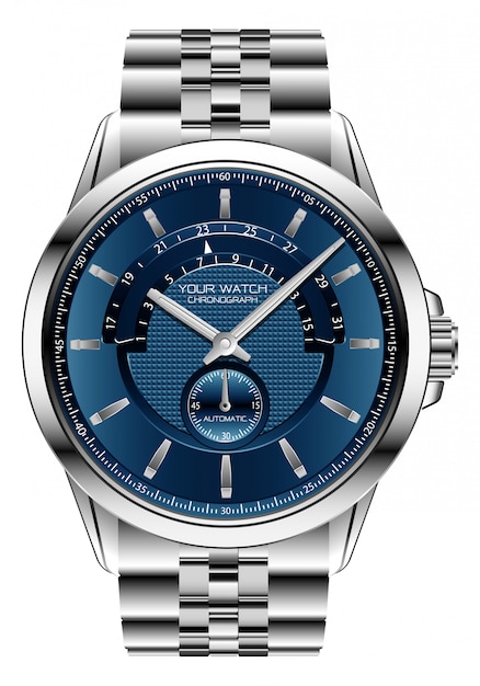 Vecteur montre horloge réaliste chronographe bleu argent acier luxe