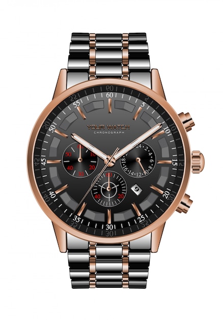 Vecteur montre horloge réaliste chronographe noir acier cuivre luxe