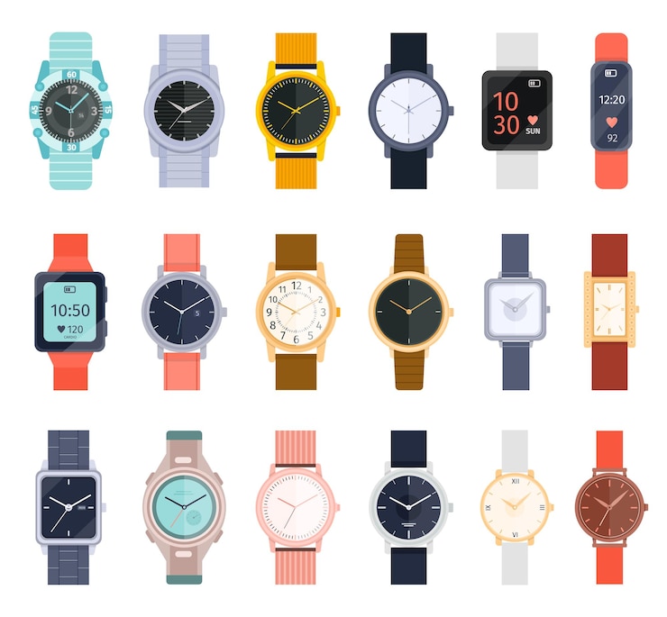 Vecteur montre à main avec bracelet accessoire moderne et classique pour hommes et femmes montres-bracelets mécaniques et intelligentes de luxe avec différents cadrans d'horloge cadrans colorés avec cadres argentés et dorés