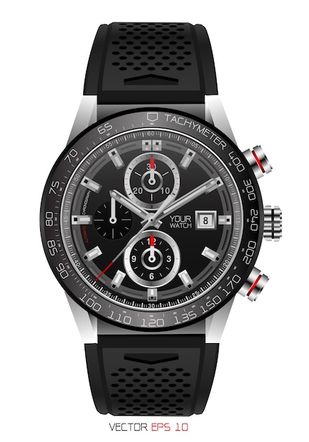 Montre Réaliste Chronographe En Acier Inoxydable Caoutchouc Noir.