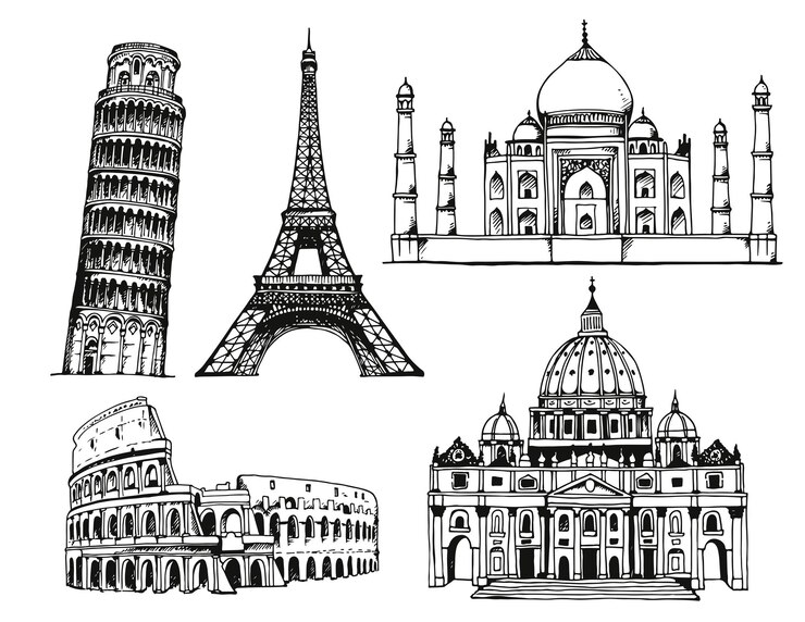 Vecteur monuments du monde italie france inde