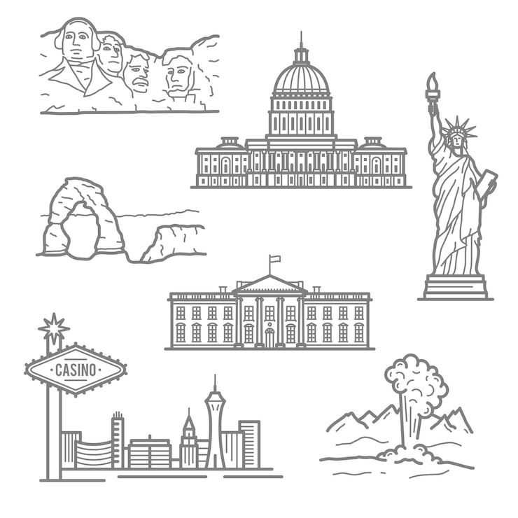Monuments nationaux des icônes des États-Unis dans un style de ligne mince