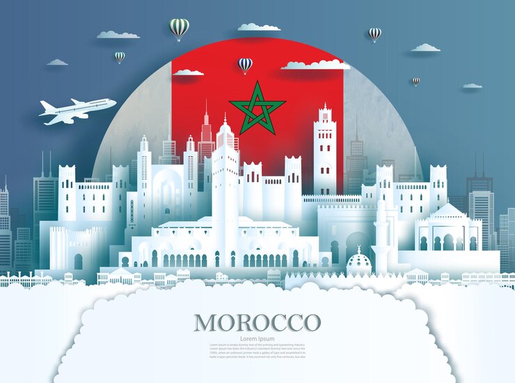 Monuments de voyage Maroc ville avec célébration de la fête de l'indépendance du Maroc en arrière-plan du drapeau