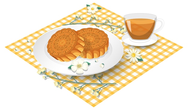 Mooncakes Avec Tasse De Thé Sur Nappe