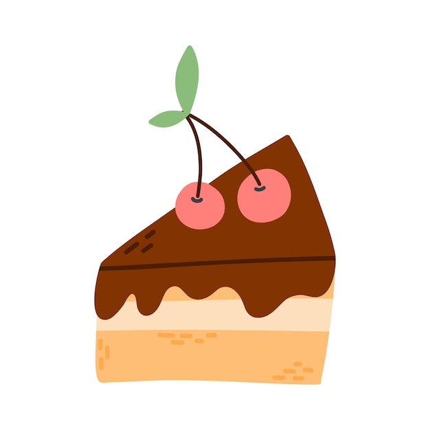 Un Morceau De Gâteau Au Chocolat Dans Un Style Plat Illustration Vectorielle Gâteau Aux Cerises Isolé Sur Fond Blanc Style Doodle