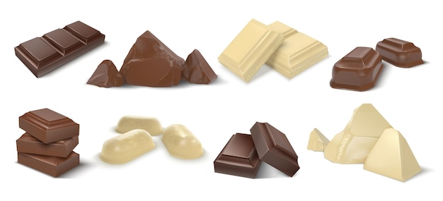 Vecteur morceaux de chocolat. barres et bonbons réalistes de chocolat blanc foncé et au lait, morceau de dessert au cacao