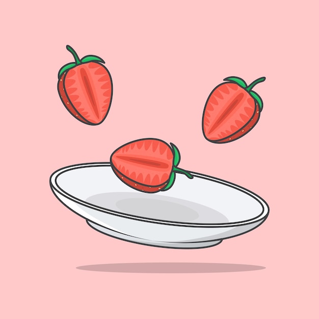 Morceaux De Fraise Sur Une Plaque Cartoon Vector Illustration Fraise Fruit Plat Icône Contour