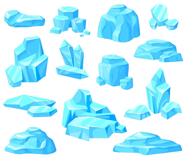 Morceaux De Glace De Dessin Animé Glaçon Glacier Iceberg Blocs De Berg Congelés Bleu Froid Propre Morceau De Cristal Neige Banquise Geler Verre Forme Carrée Plat Soigné Isolé Illustration Vectorielle