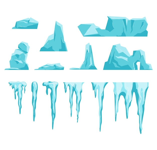 Vecteur morceaux de glace et de morceaux de neige gros icebergs éléments de gel sévère pour la conception de style de dessin animé de flocons de neige