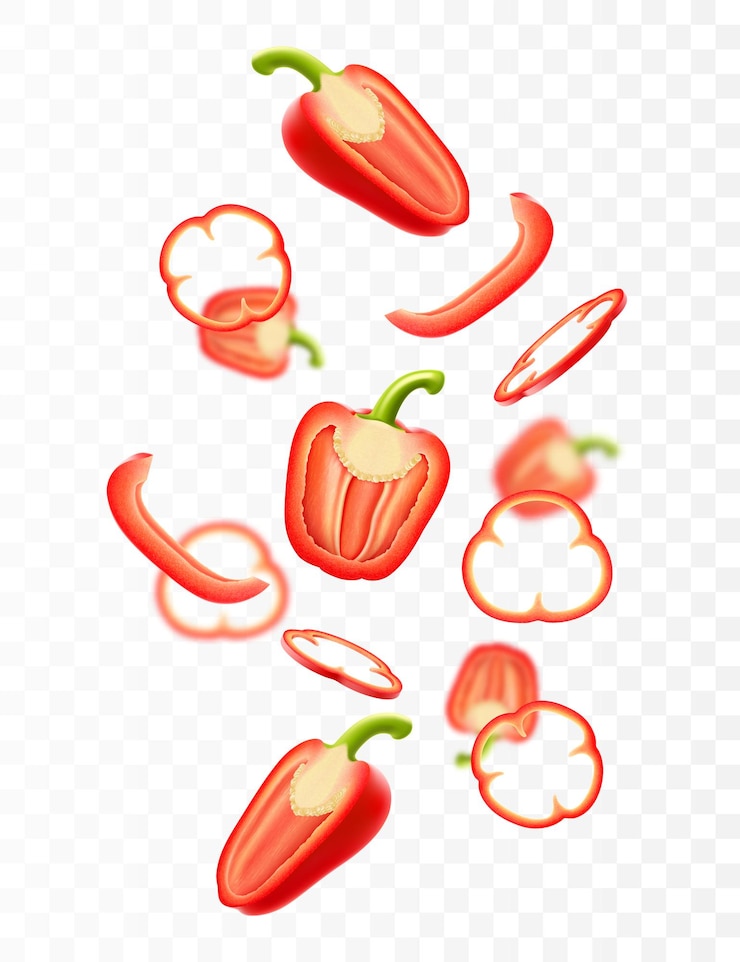 Vecteur des morceaux de poivre rouge bulgare volant isolés sur un fond transparent.