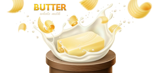 Morceaux De Tartinade De Margarine Au Beurre Et Produits Laitiers Effet D'éclaboussure De Lait Vecteur Réaliste