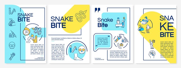 Vecteur morsure de serpent, modèle de brochure de premiers soins d'intoxication de poison de reptile. flyer, brochure, dépliant imprimé, conception de la couverture avec des icônes linéaires. mises en page vectorielles pour magazines, rapports annuels, affiches publicitaires