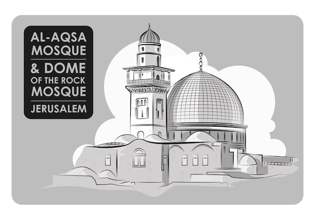 Vecteur la mosquée d'al-aqsa et le dôme du rocher dessin de contour avec vecteur