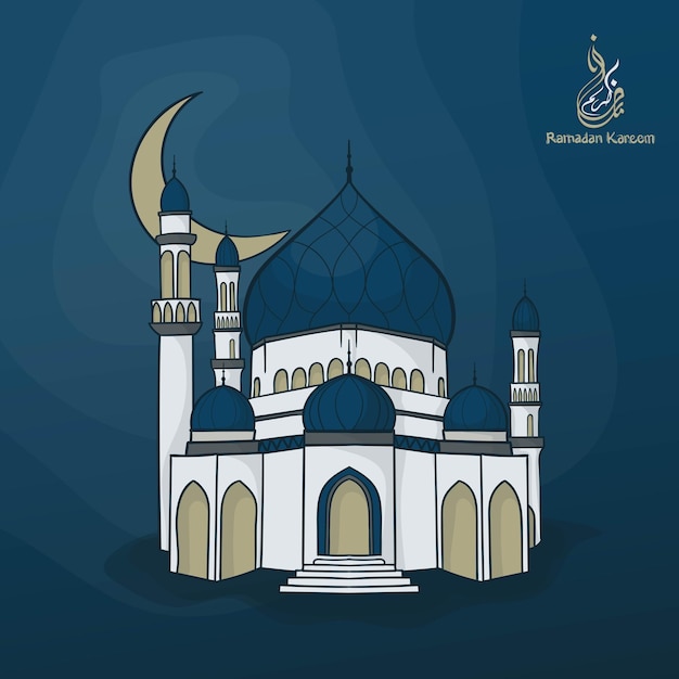 Mosquée en dessin animé avec fond bleu pour le modèle de ramadan