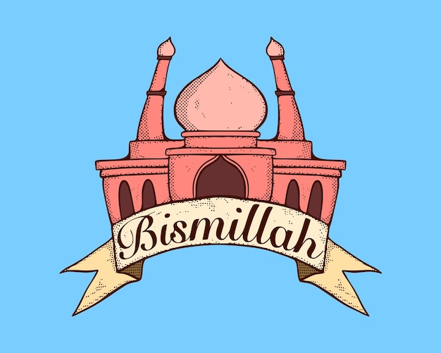 Vecteur mosquée d'illustration dessinée à la main avec vecteur gratuit bismillah