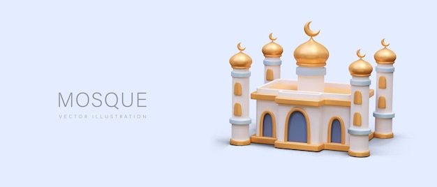 Vecteur mosquée réaliste avec des dômes dorés et des croissants beaux bâtiments avec des minarets