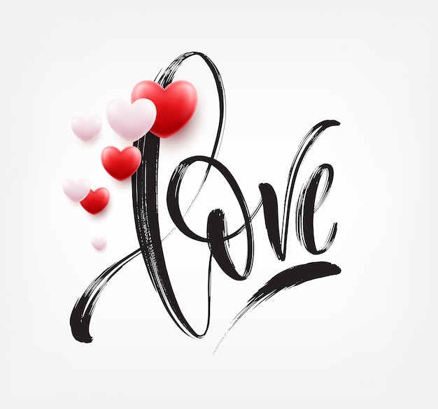 Mot d'amour lettrage dessiné à la main avec coeur rouge. Illustration vectorielle