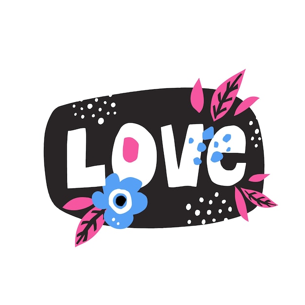 Vecteur mot d'amour, style découpé avec décoration florale. lettrage vectoriel dessiné à la main pour t-shirt, carte postale, saint-valentin.
