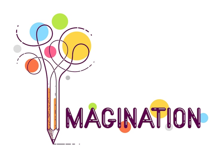 Vecteur mot d'imagination avec un crayon au lieu de la lettre i, concept d'imagination et de fantaisie, logo créatif conceptuel vectoriel ou affiche réalisée avec une police spéciale.