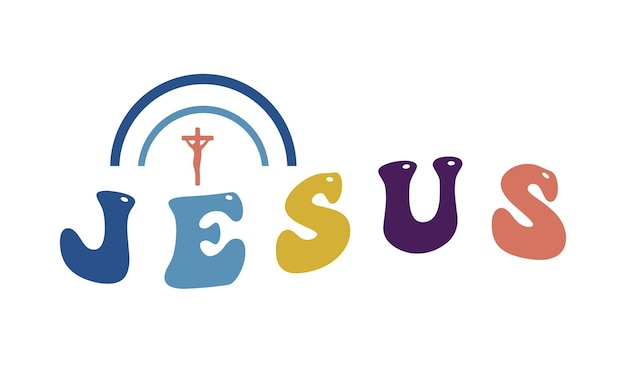 Vecteur le mot jésus-christ disant une phrase rétro groovy ondulée minimal 3d boho art typographique sur fond blanc