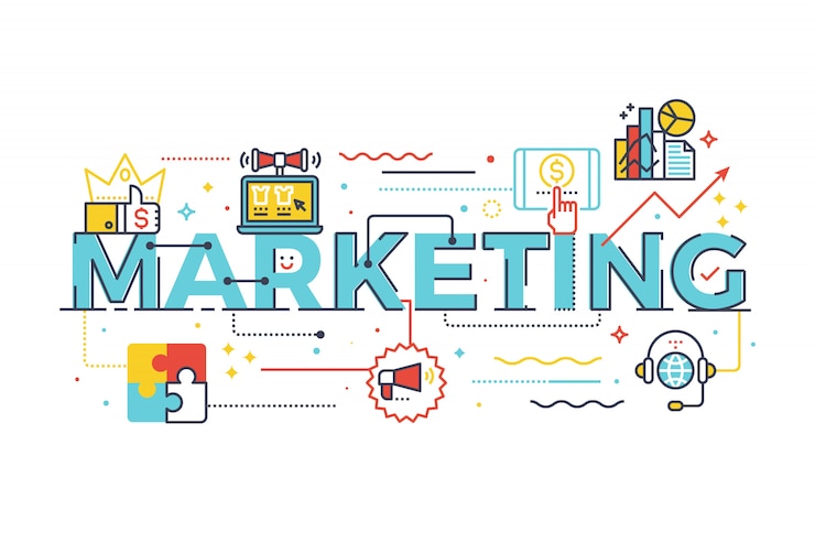 Vecteur mot marketing en concept d&#39;entreprise lettrage illustration design avec des icônes de la ligne