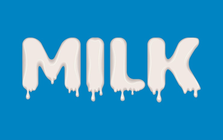 Vecteur mot vecteur fait de lait coulant lettres avec des éclaboussures, des gouttes et des taches type brillant texte de gouttes de liquide blanc isolées sur un fond bleu
