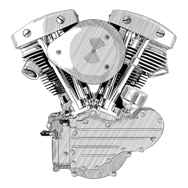 Moteur de moto à combustion interne isolé sur fond blanc.