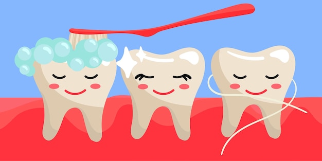 Émoticônes à pleines dents mignonnes sur les gencives Brossez-vous les dents avec une brosse à dents avec de la mousse et du fil dentaire