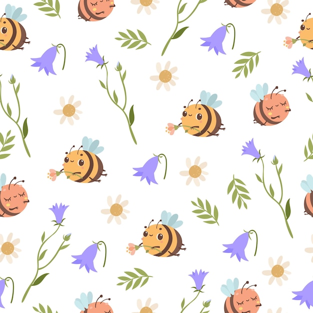 Vecteur motif abeille mignonne dans une fleur de jacinthe des bois