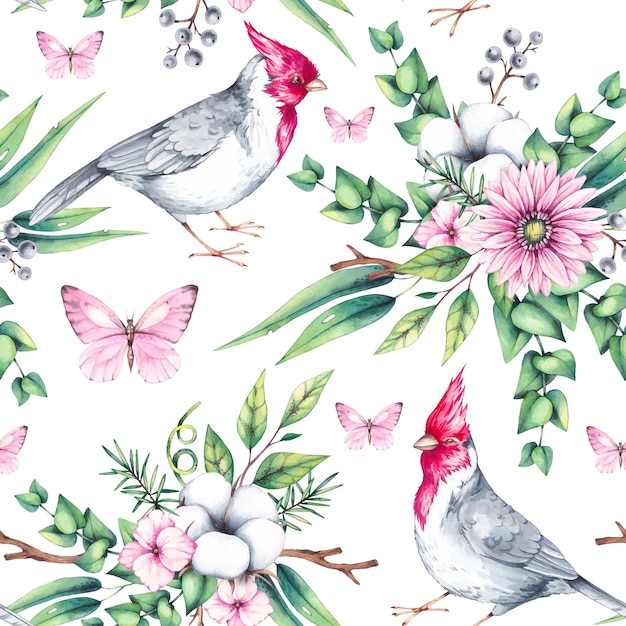 Vecteur motif d'aquarelle avec des oiseaux avec des fleurs