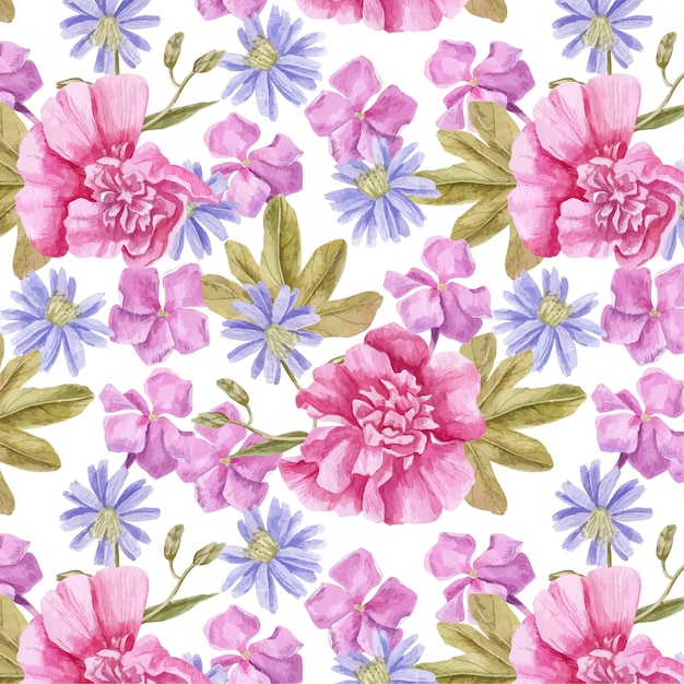 Motif aquarelle rose trémière et bleuet