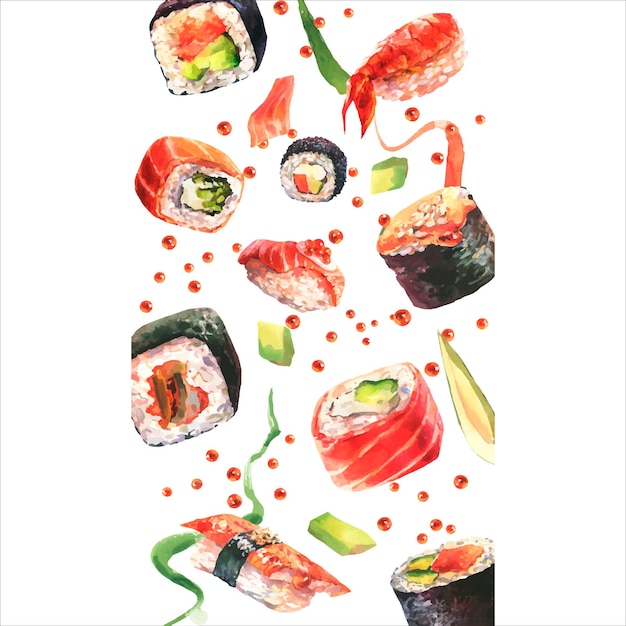 Motif aquarelle avec sushi. Abstrait alimentaire. Sushis volants, sashimis et petits pains.