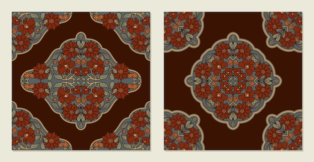 Vecteur motif de batik floral rouge médiéval avec un style vintage et rétro