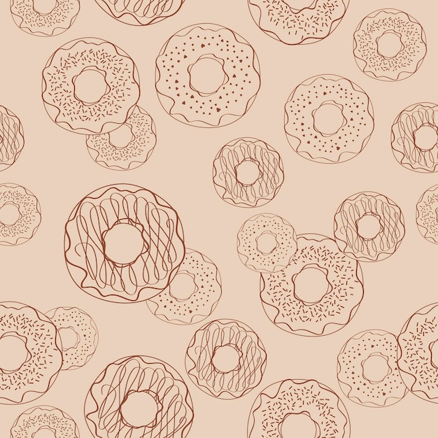 Vecteur motif avec beignets dans un contour sur fond beige décoration d'un site web pour restaurant ou boulangerie