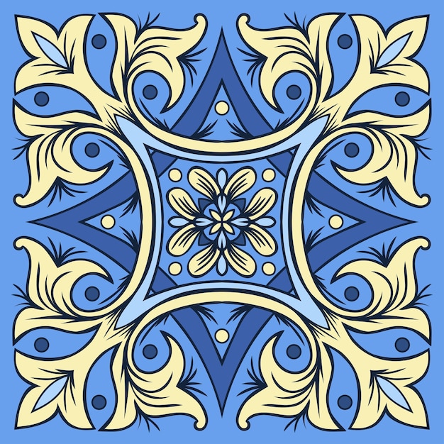 Motif De Carreaux De Dessin à La Main Dans Les Couleurs Bleu Et Jaune Style Majolique Italienne
