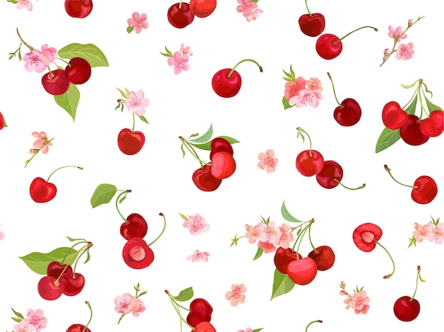 Motif de cerise sans couture avec des baies d'été, des fruits, des feuilles, un fond de fleurs. Illustration vectorielle dans un style aquarelle pour la couverture de printemps, la texture du papier peint, la toile de fond d'emballage, l'emballage vintage