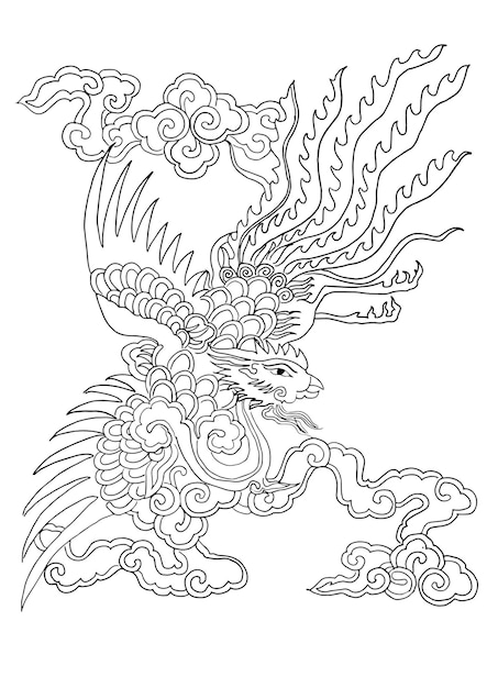 Vecteur motif chinois phénix illustrationpeinture dessinée à la main