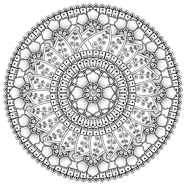 Motif Circulaire En Forme De Mandala Avec Fleur Pour Henné, Mehndi, Tatouage, Décoration. Ornement Décoratif Dans Un Style Oriental Ethnique. Page De Livre De Coloriage.