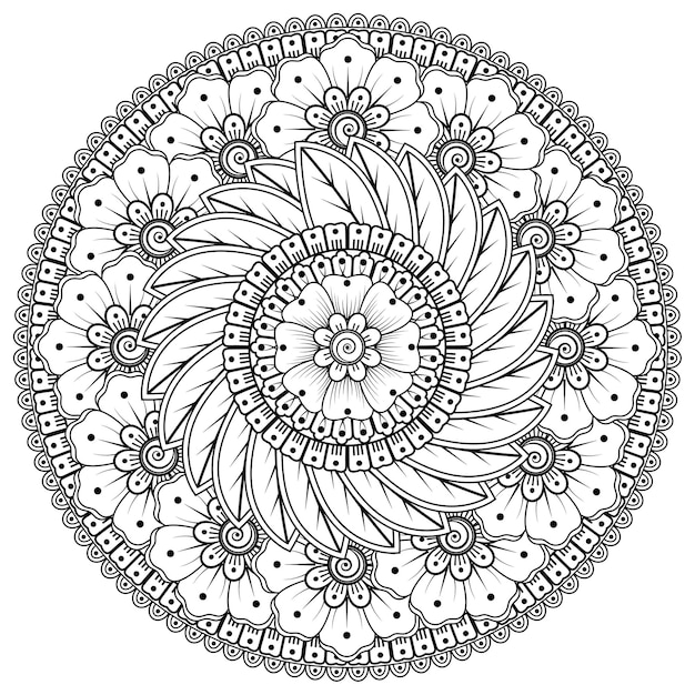 Motif Circulaire En Forme De Mandala Avec Fleur Pour Henné, Mehndi, Tatouage, Décoration. Ornement Décoratif Dans Un Style Oriental Ethnique. Page De Livre De Coloriage.