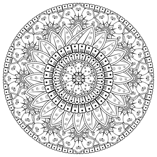 Motif circulaire en forme de mandala avec fleur pour henné, mehndi, tatouage, décoration. ornement décoratif dans un style oriental ethnique. page de livre de coloriage.