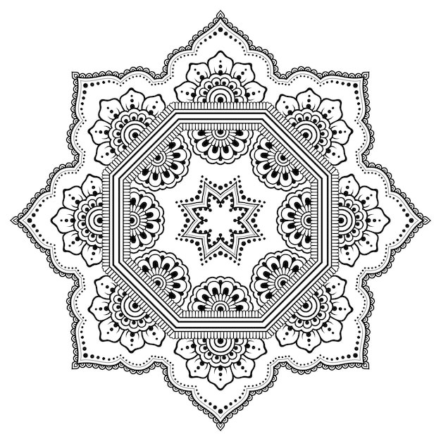 Motif circulaire en forme de mandala avec fleur pour henné, Mehndi, tatouage, décoration. Ornement décoratif de style oriental ethnique. Contour doodle illustration vectorielle de tirage à la main.