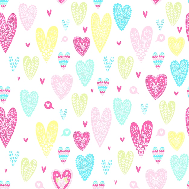 Motif de coeurs dans le style de doodle. pour la Saint Valentin. Motif lumineux et coloré